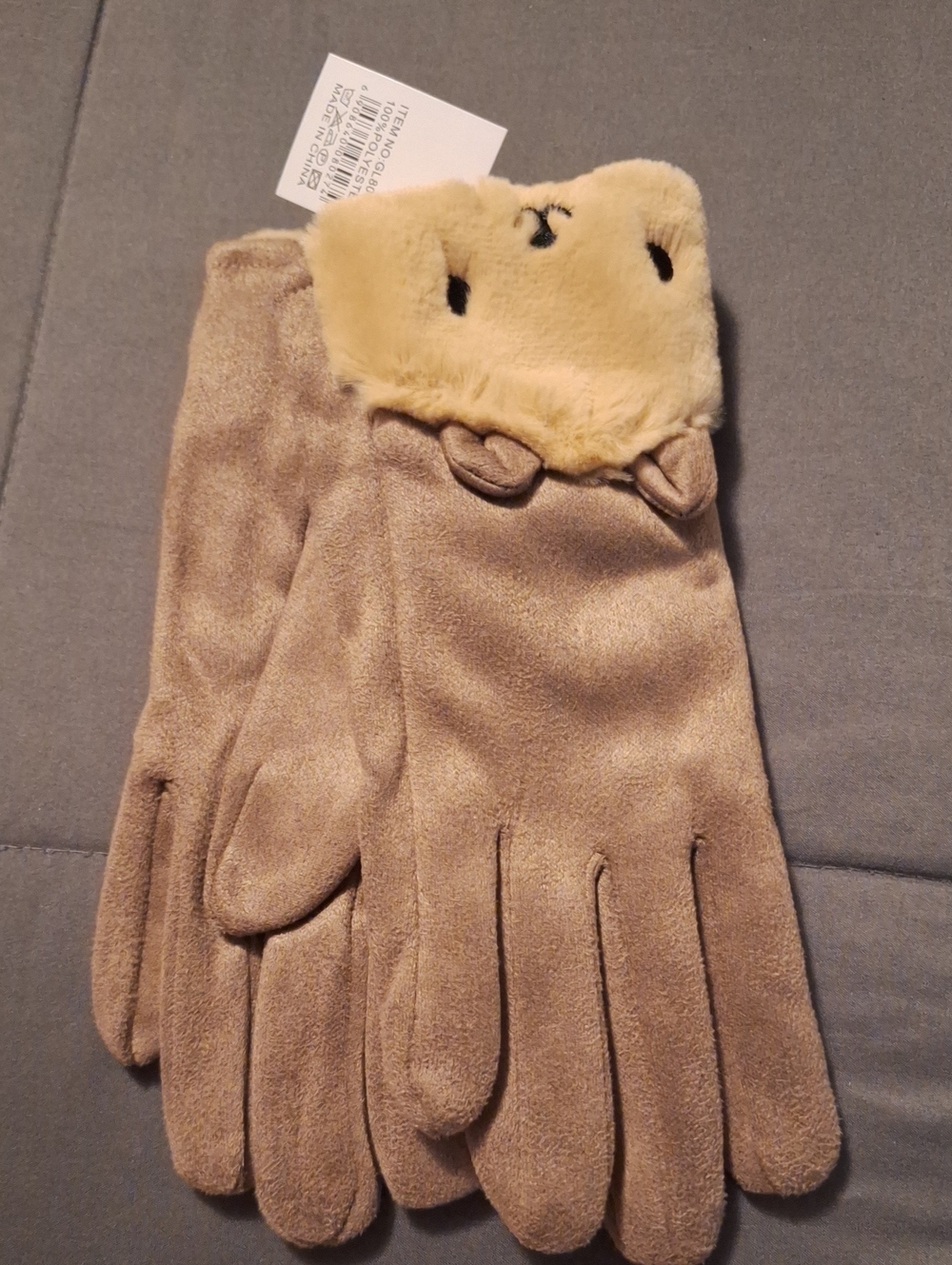 Source Unknown Faux Suede Brown Gloves with Cream Plush Cuff